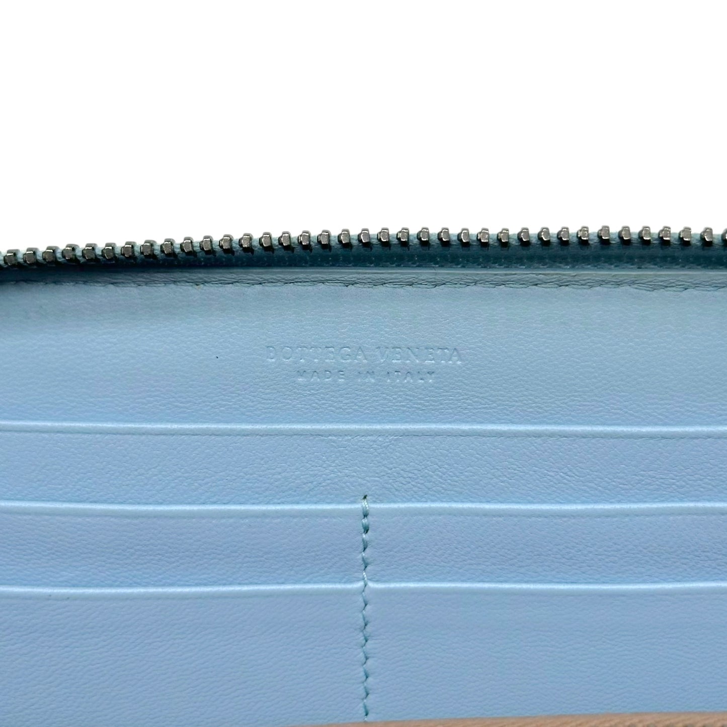Bottega Veneta Long Zip Wallet Light Blue Intrecciato Leather