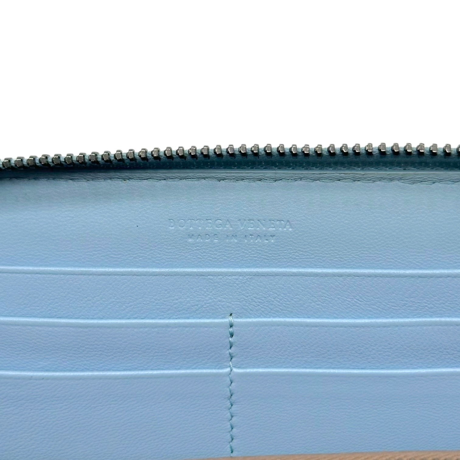 Bottega Veneta Long Zip Wallet Light Blue Intrecciato Leather