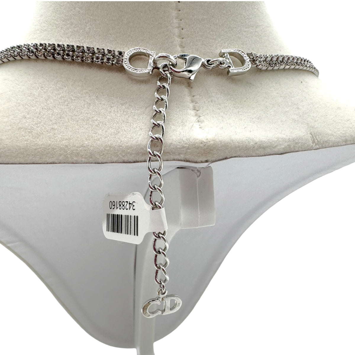 Christian Dior Silver Rhinestone Double Strand Logo Necklace
