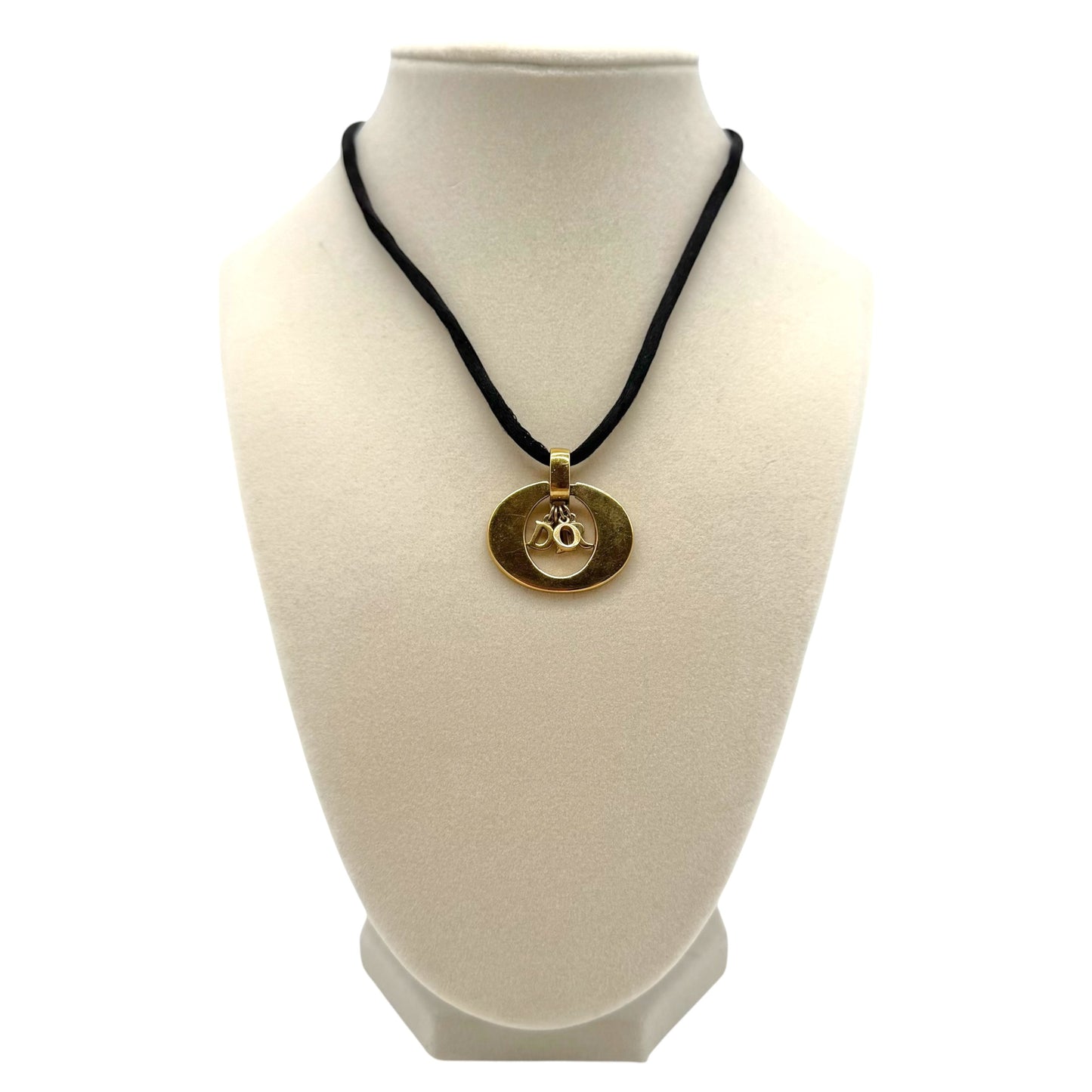 Christian Dior Black Cord Choker Necklace Gold Logo