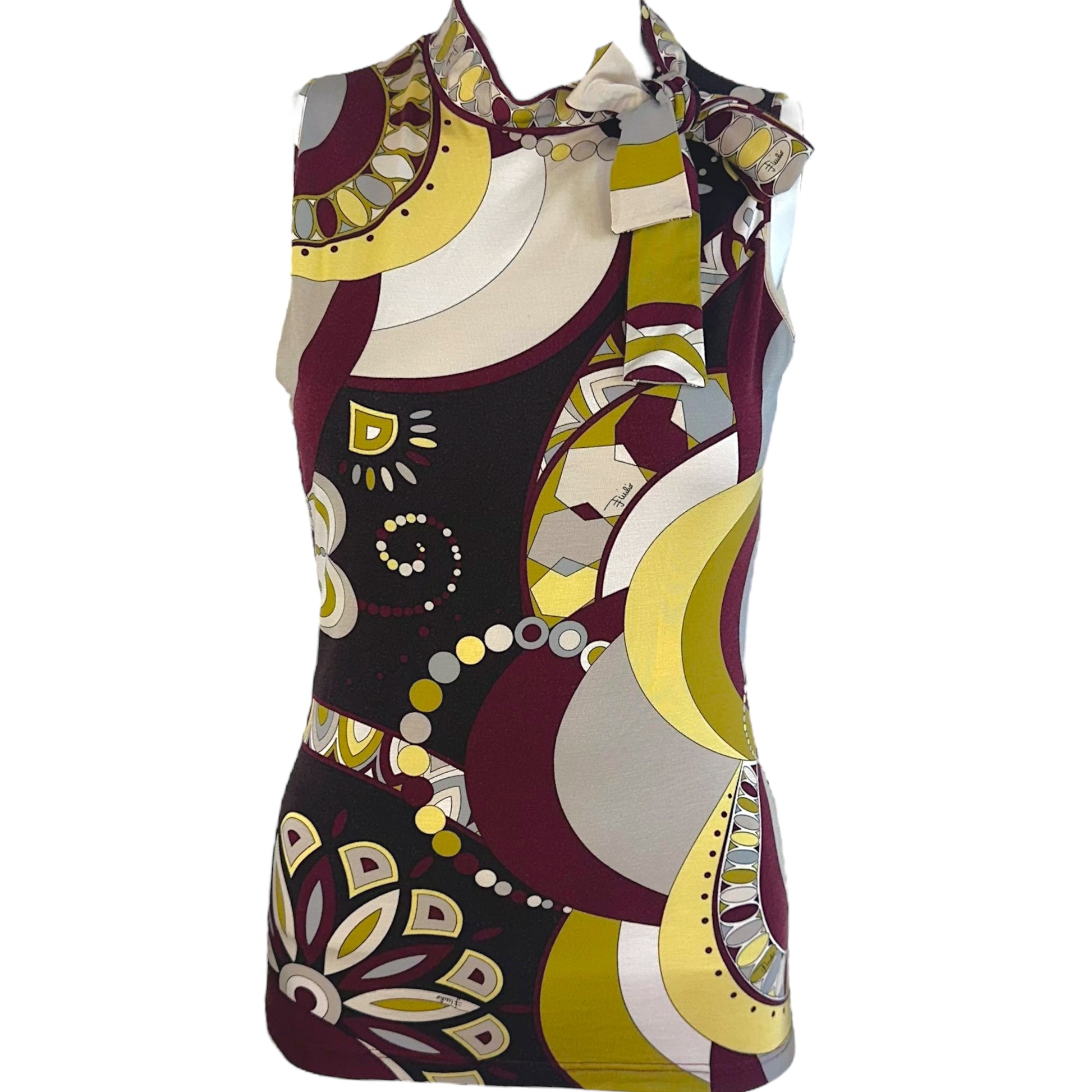 Emilio Pucci Tie Neck Burgundy & Green Printed Tank Top - Outfit Repeater