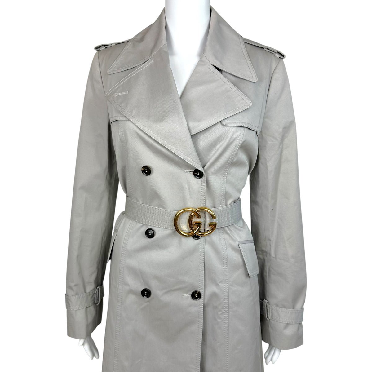 Gucci Light Gray Trench Coat with Gold GG Logo Belt