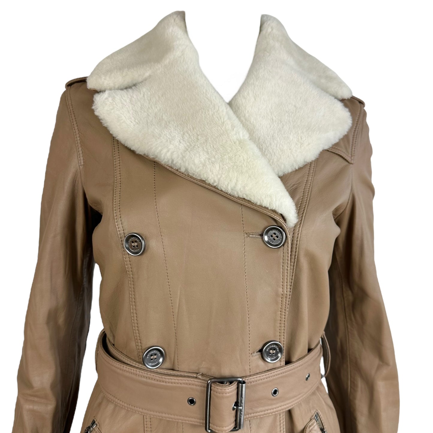 Burberry Tan Leather & Shearling Trench Coat