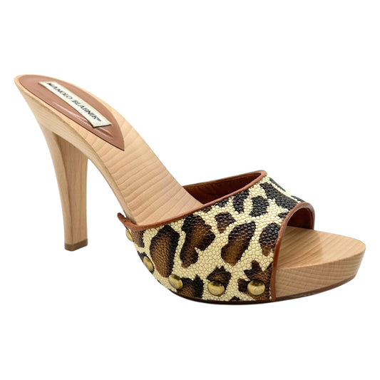 Manolo Blahnik Leopard Print Stingray Wooden Mule Heels