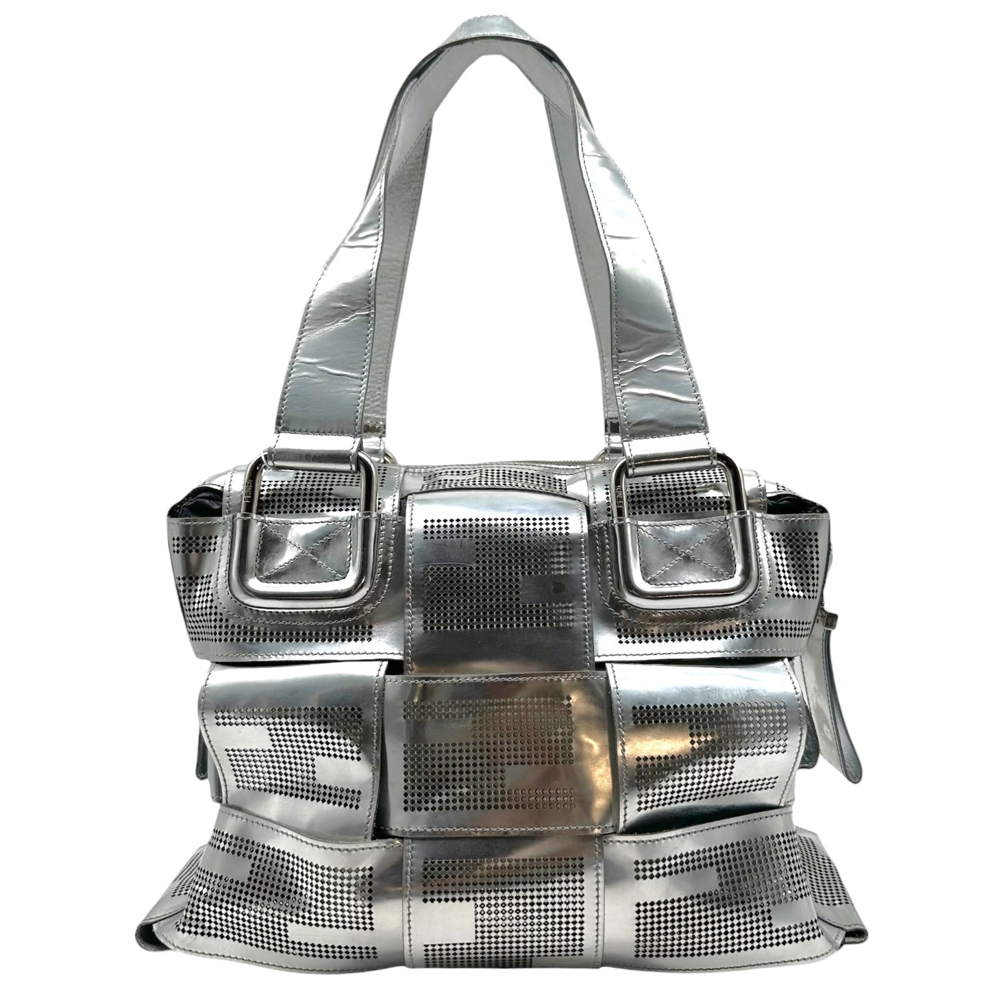 Fendi Silver Perforated Leather Shoulder Bag
