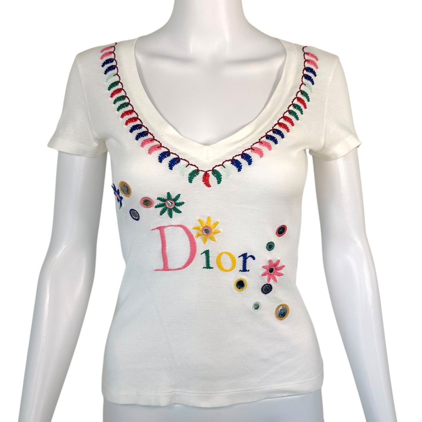 Christian Dior S/S 2005 Multicolor Embroidered V-Neck Logo T-Shirt