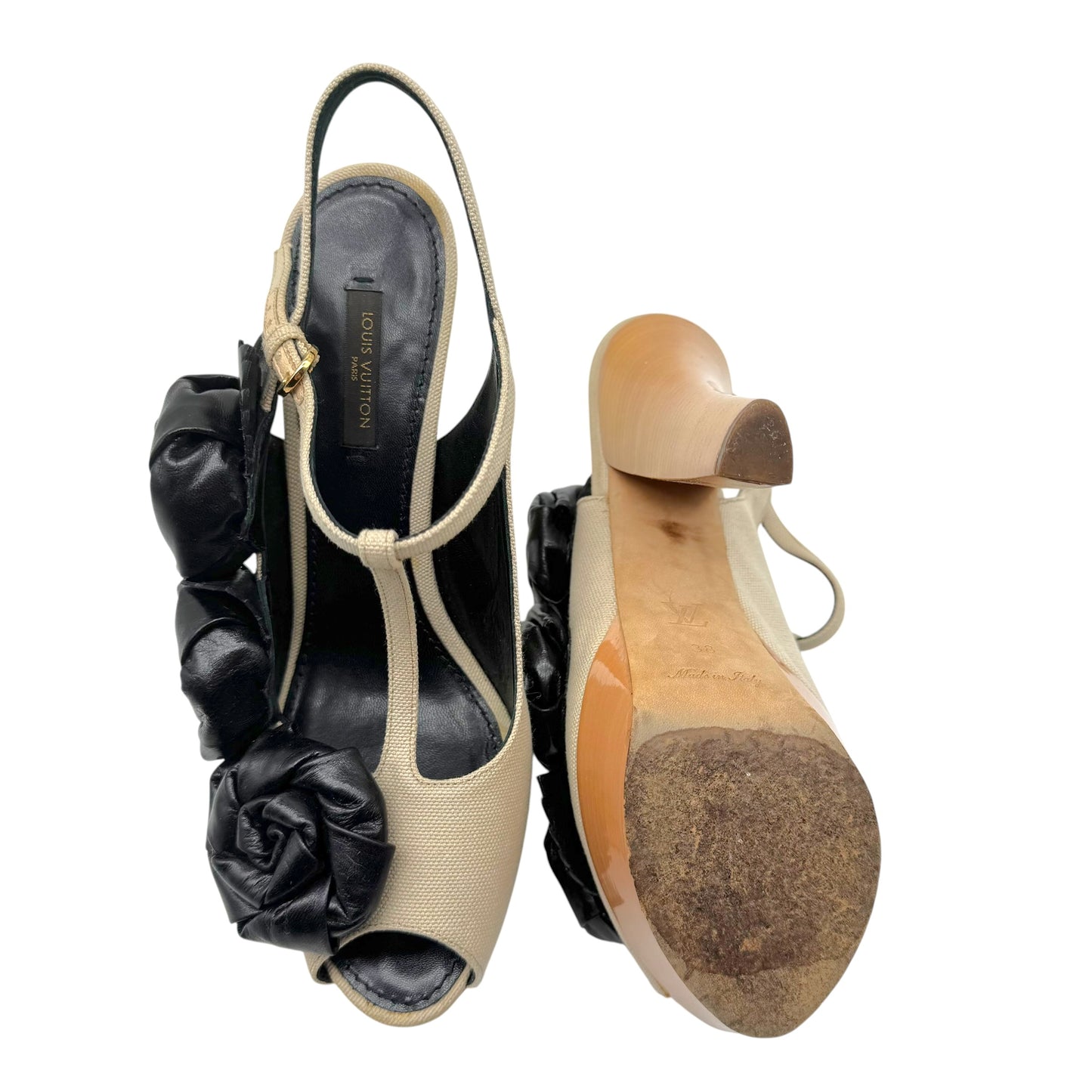 Louis Vuitton Beige Canvas & Black Leather Wooden Platform Heeled Sandals