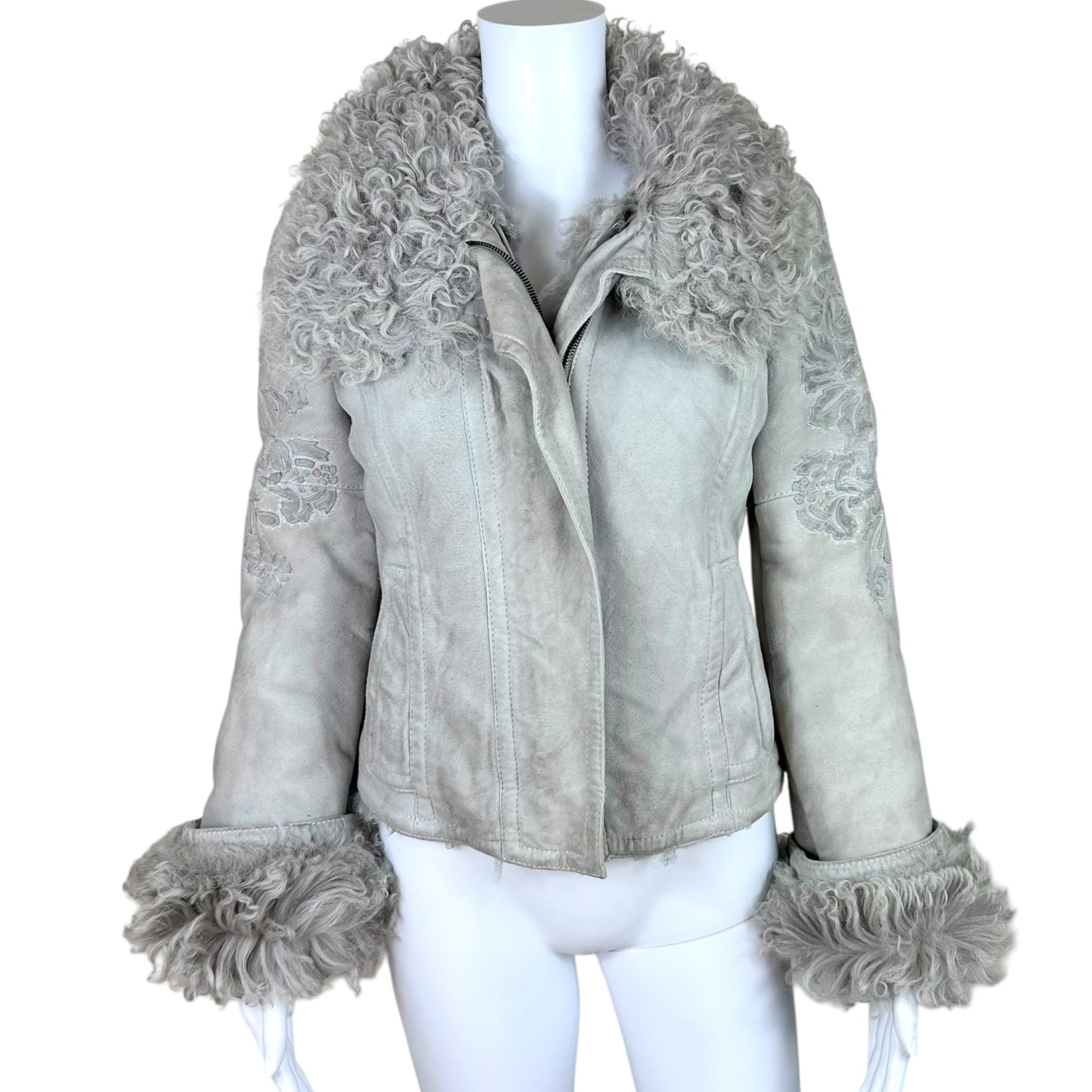 Gucci Light Gray Embroidered Shearling Coat