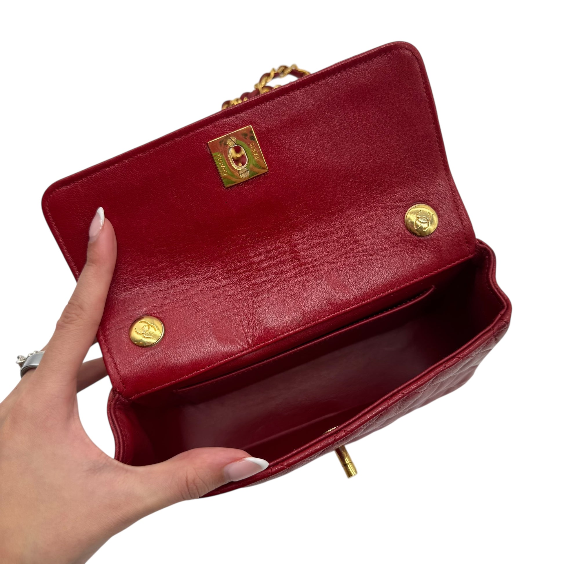 Chanel 90's Red Leather & Gold Hardware Mini Crossbody Flap Bag - Outfit Repeater