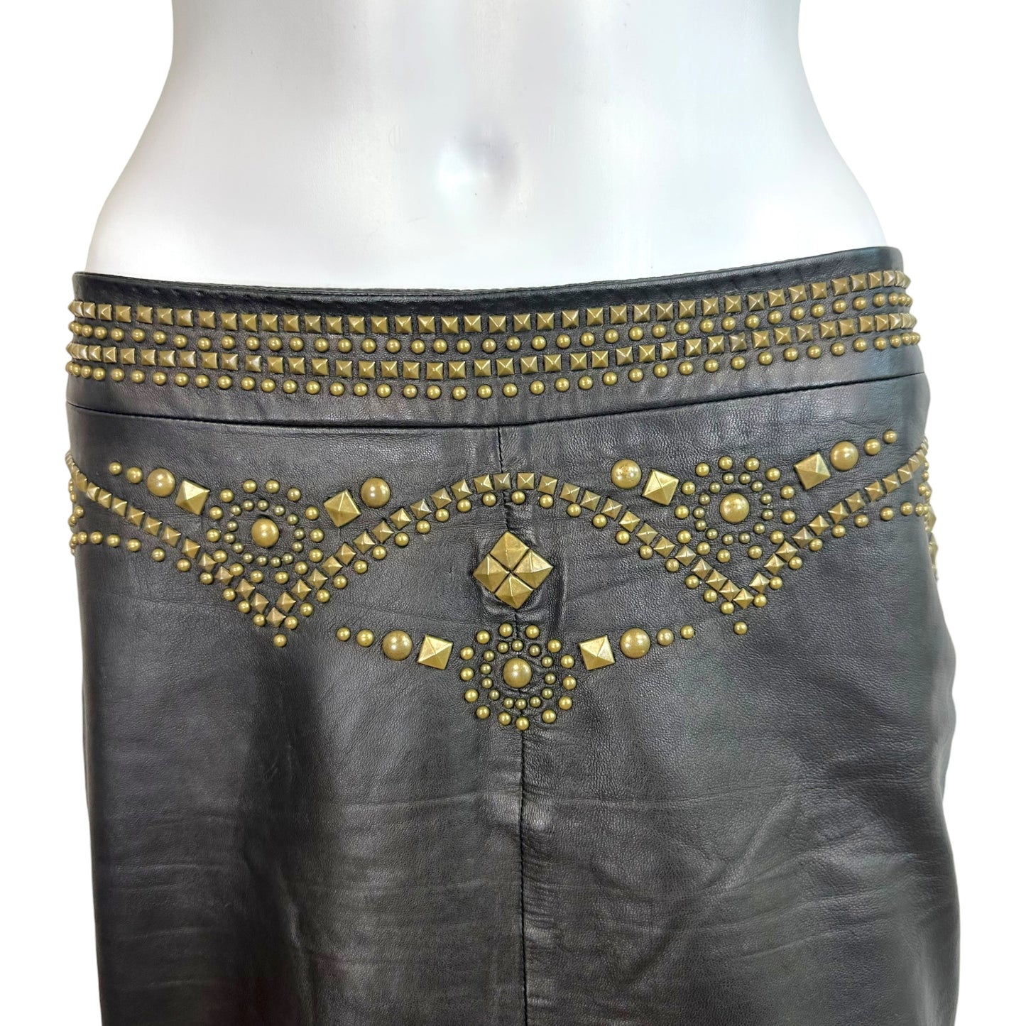 Roberto Cavalli F/W 2005 Black Leather & Gold Studded Midi Skirt