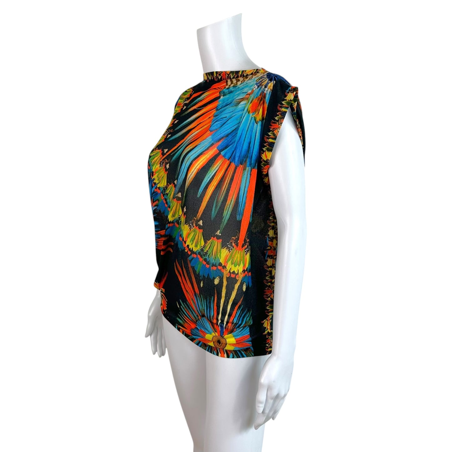 Jean Paul Gaultier Asymmetrical Mesh Top Multicolor Feather Print