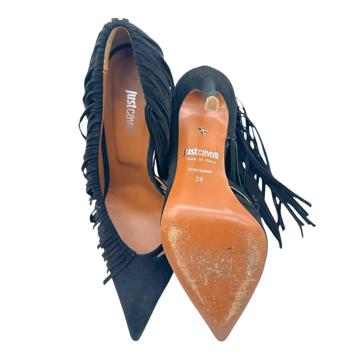 Just Cavalli Roberto Cavalli Black Suede Fringe Heels - Outfit Repeater
