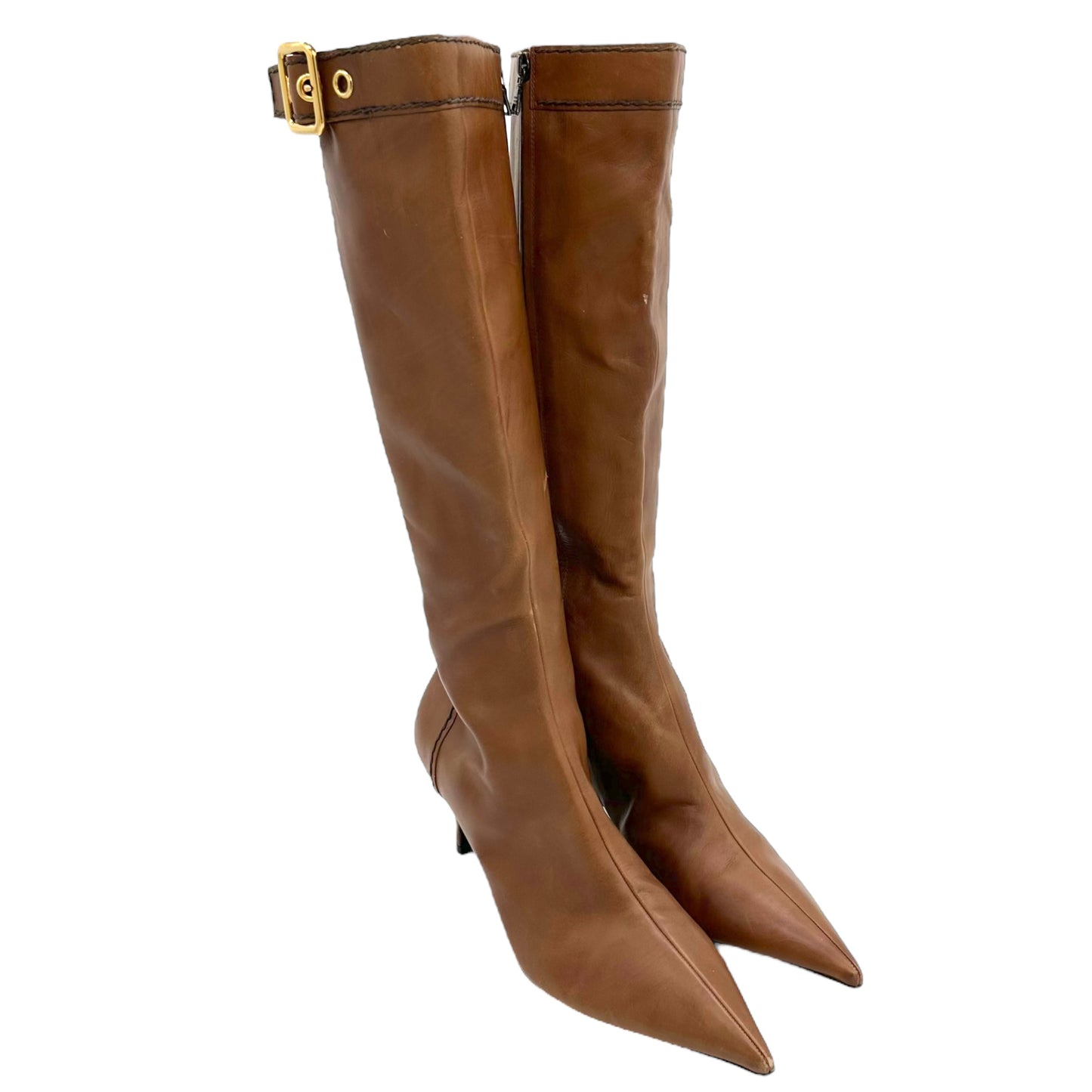 Prada Brown Leather Pointed Toe Heeled Boots