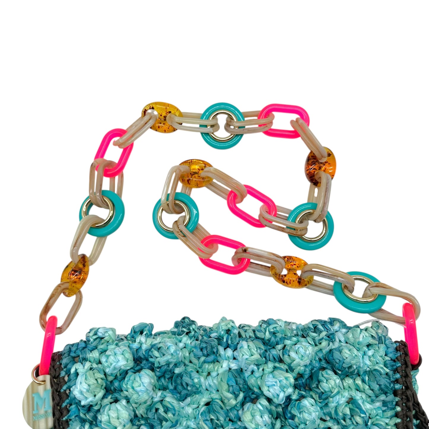 Missoni M Turquoise Raffia & Pink PVC Chain Shoulder Bag