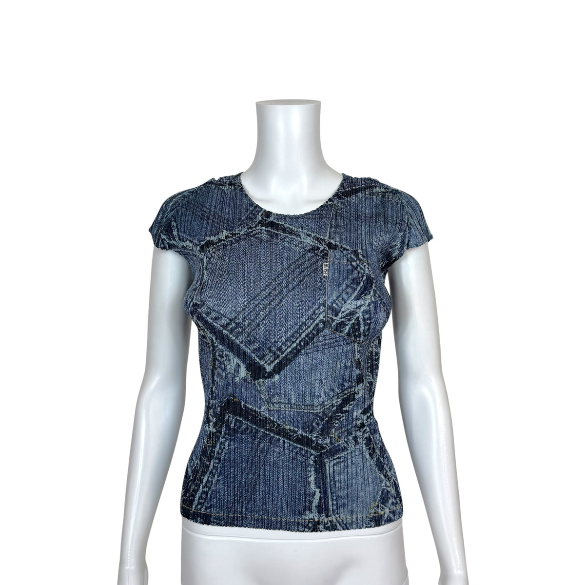Issey Miyake Pleats Please Patchwork Denim Print Pleated T-Shirt Sz 3