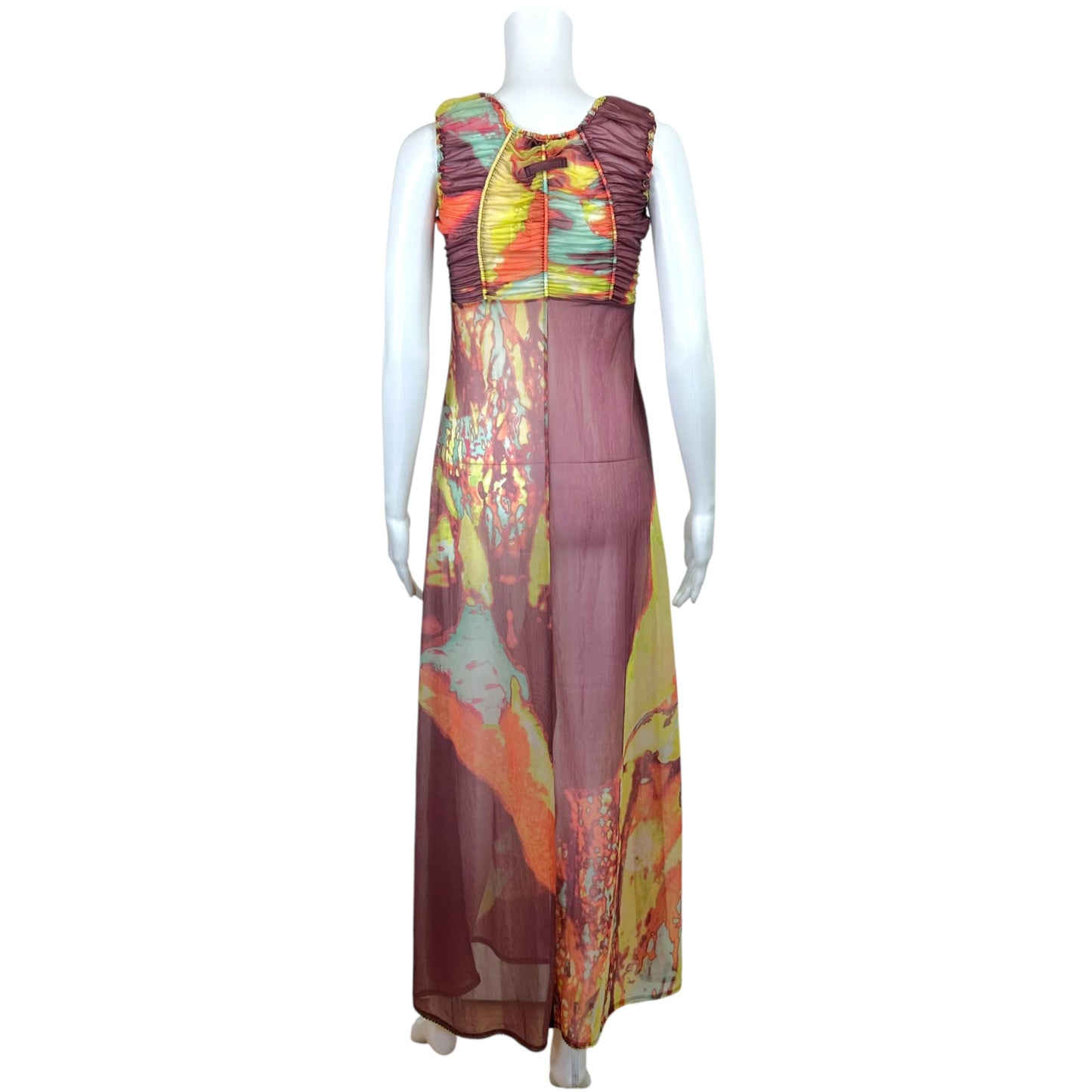 Jean Paul Gaultier Multicolor Psychedelic Face Print Mesh Maxi Dress