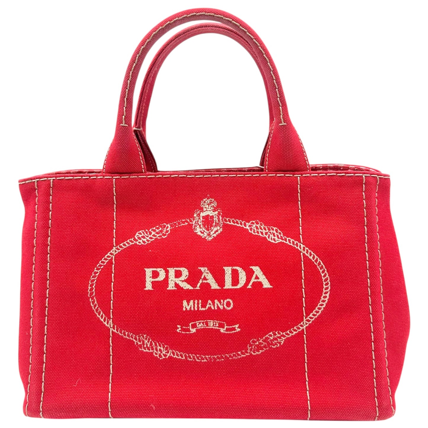 Prada Red & White Contrast Stitch Small Canapa 2-Way Tote Bag