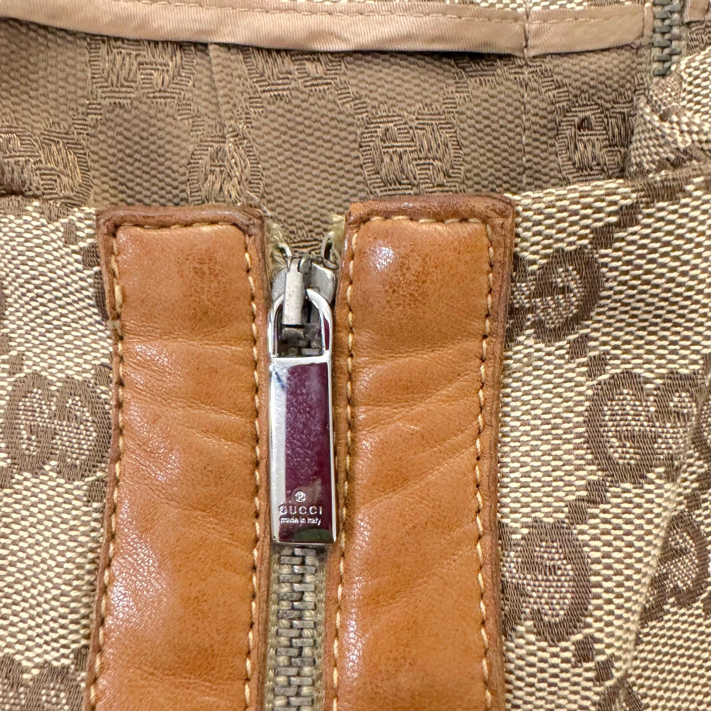 Gucci by Tom Ford 2000 Tan Monogram Canvas & Leather Zip-Up Midi Skirt - Outfit Repeater