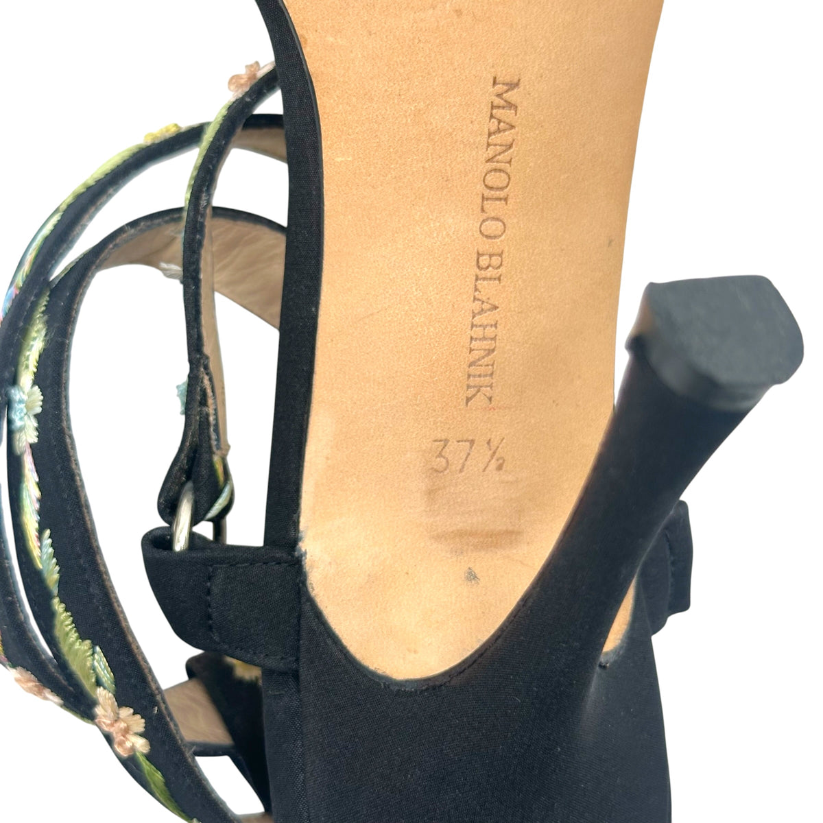 Manolo Blahnik Black Floral Embroidered Ankle Wrap Sandals