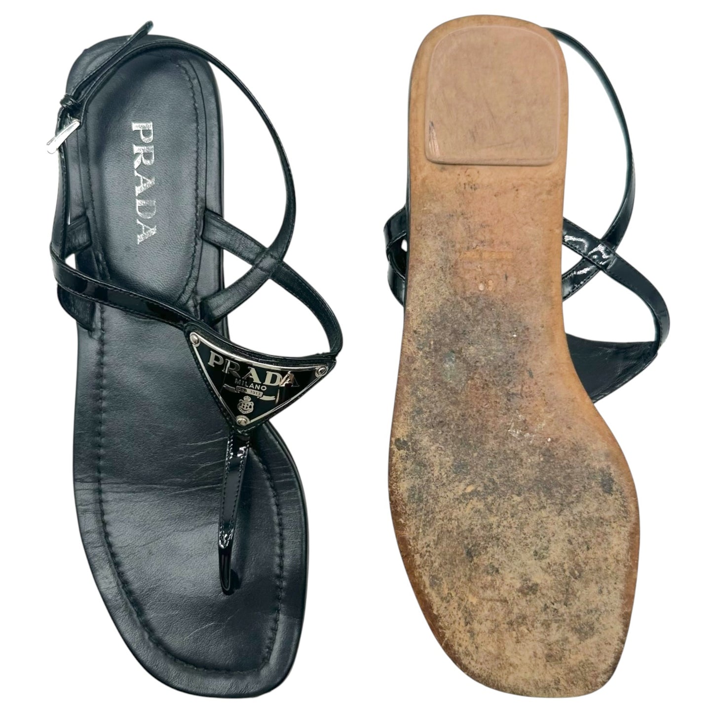 Prada Black Patent Leather & Triangle Logo Flat Thong Sandals