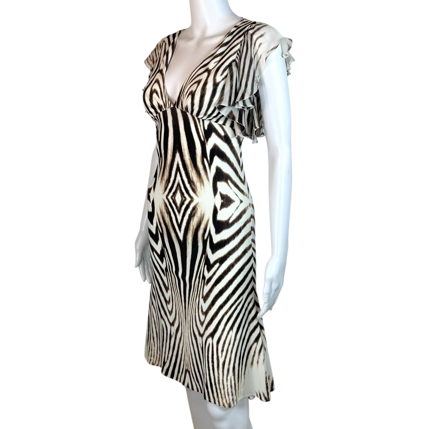 Roberto Cavalli Mini Dress White Brown Zebra Print Ruffle