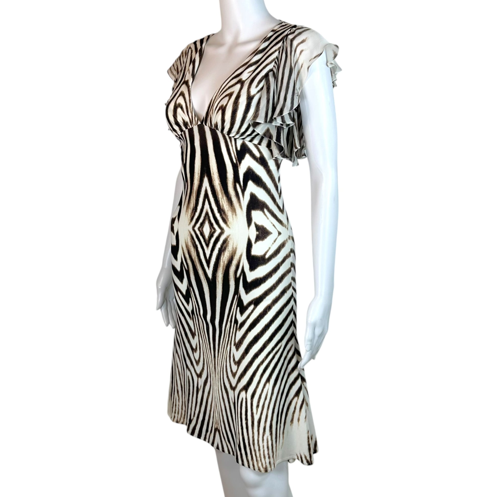 Roberto Cavalli Mini Dress White Brown Zebra Print Ruffle