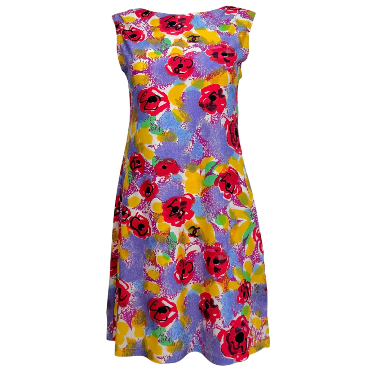 Chanel A-Line Mini Dress Multicolor Camellia Print 1990s