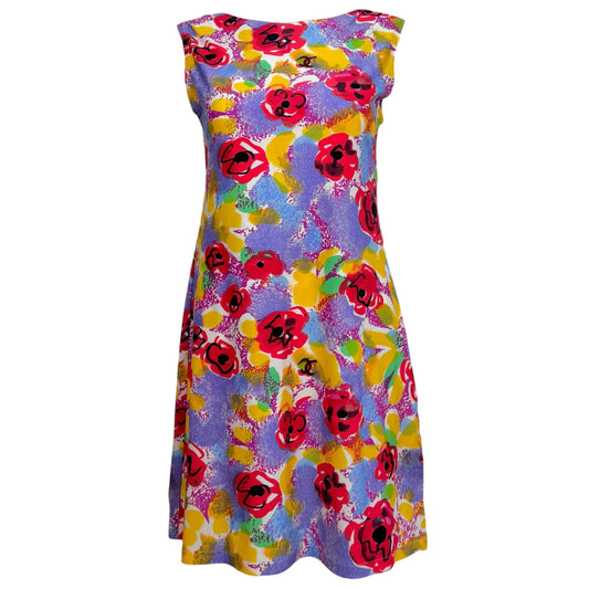 Chanel A-Line Mini Dress Multicolor Camellia Print 1990s