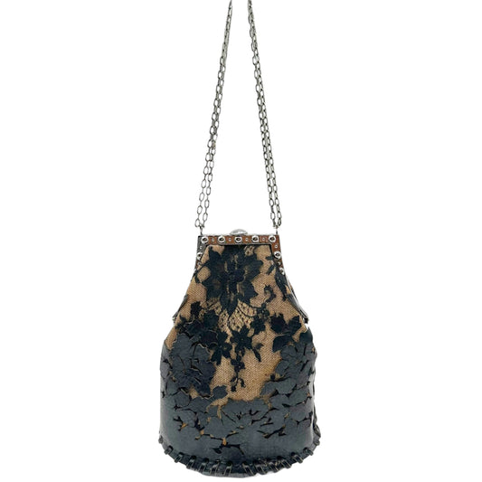 Valentino Garavani Black Lace Leather Applique Evening Bag