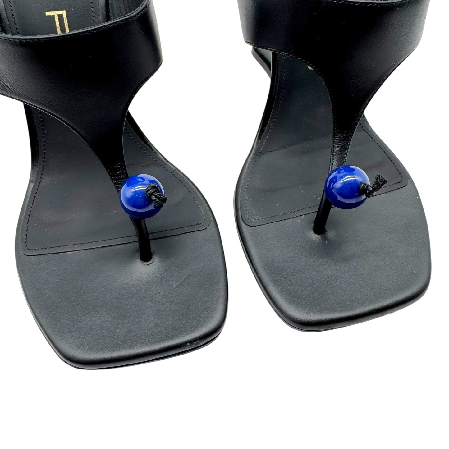Etro Black Leather & Blue Bead Thong Sandal Wedge Heels