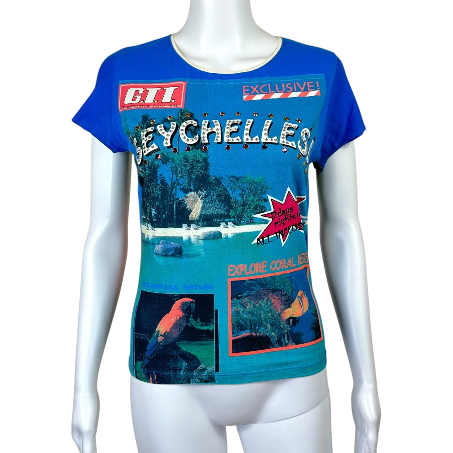 D&G Dolce & Gabbana S/S 2002 Seychelles Bedazzled Postcard Graphic T-Shirt
