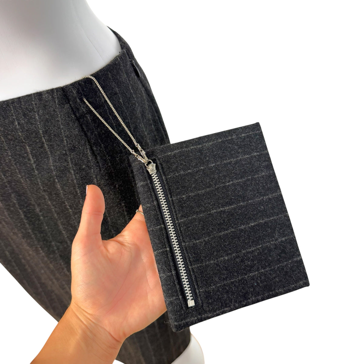 Jean Paul Gaultier Gray Wool Pinstriped Pocket Charm Wool Midi Skirt