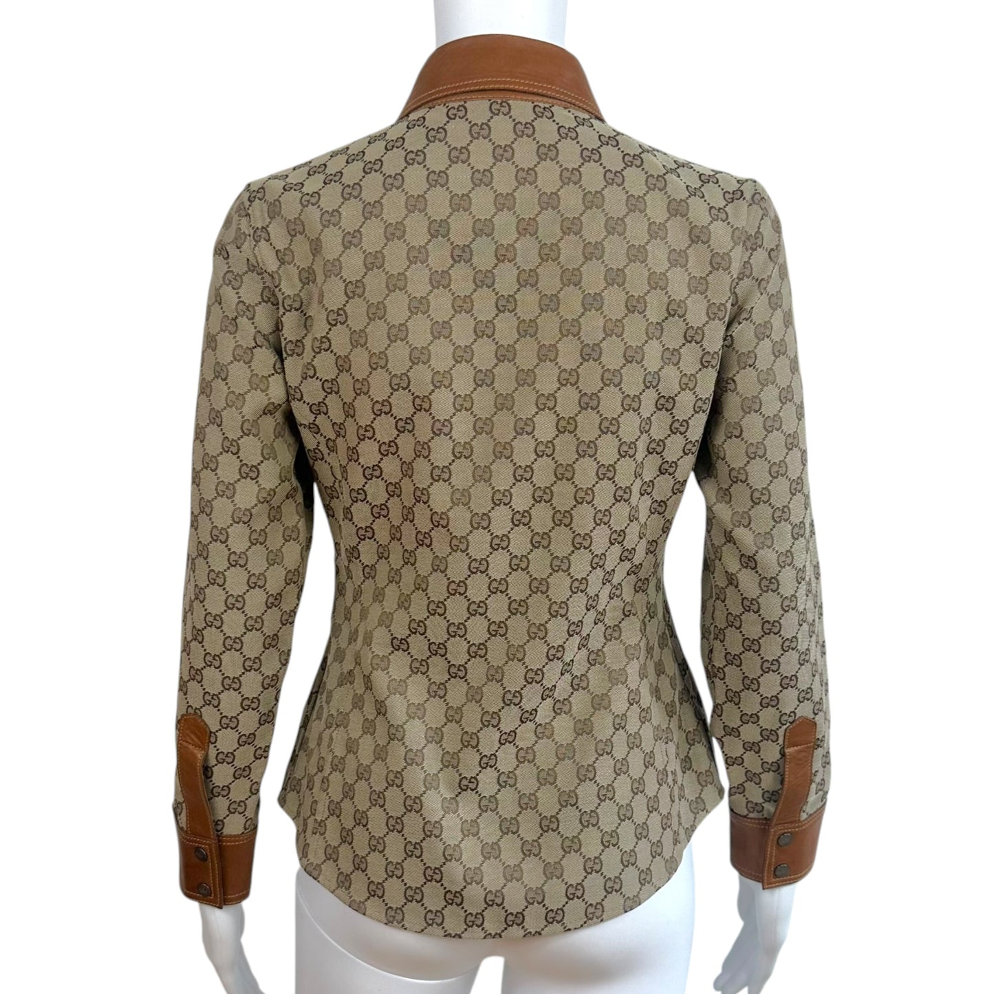 Gucci by Tom Ford 2000 Tan Monogram & Leather Button Up Shirt