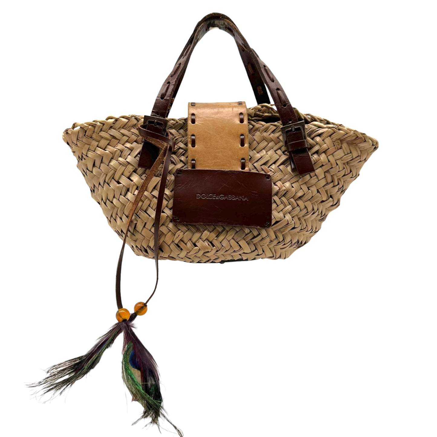 Dolce & Gabbana Raffia & Leather Feather Trim Mini Handbag