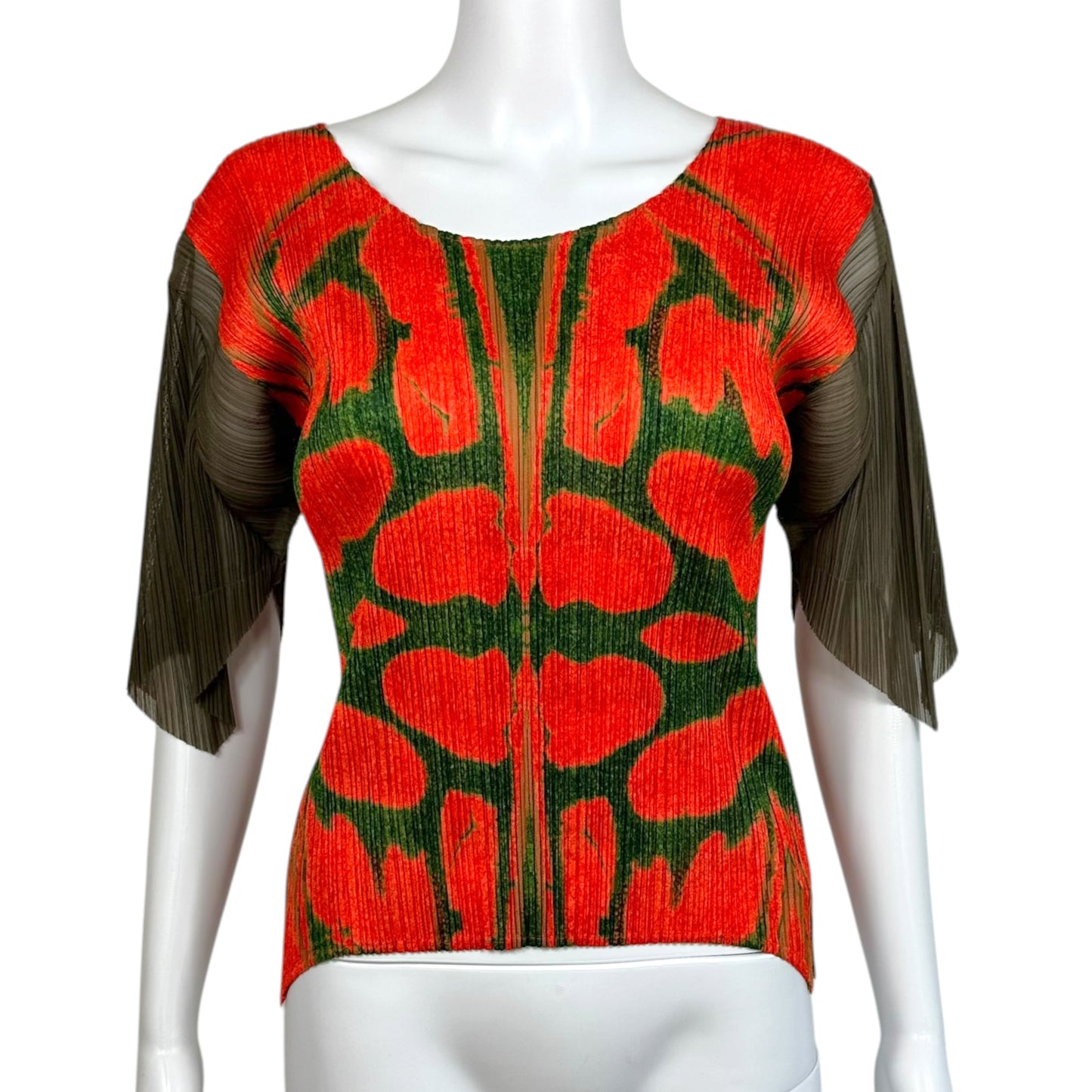 Issey Miyake Pleats Please Red & Green Patterned Batwing Sleeve Pleated Top
