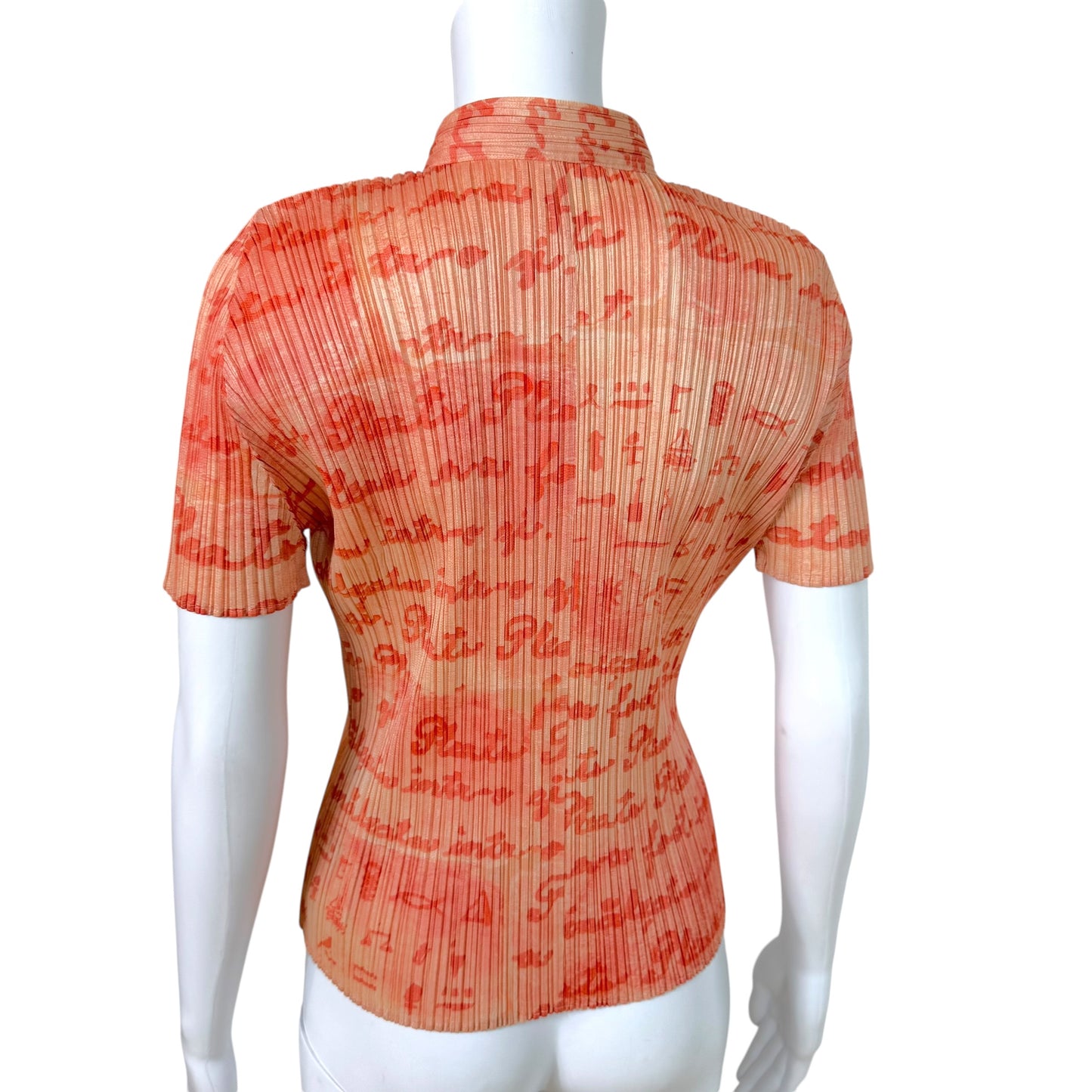 Issey Miyake Pleats Please Coral Pink Cursive Print Pleated Short Sleeve Top Sz 3