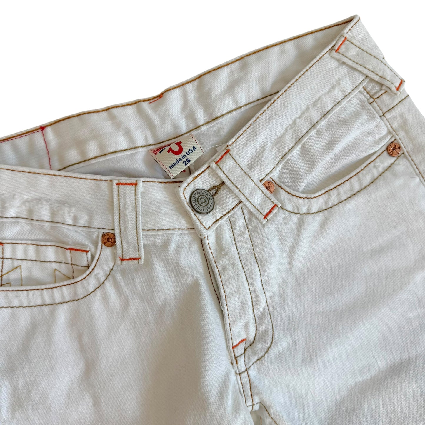 True Religion White Low Rise Flare Jeans with Embroidery