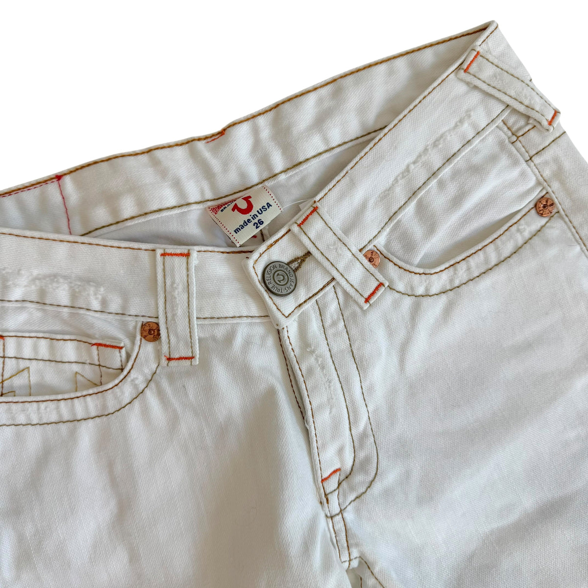 True Religion White Low Rise Flare Jeans with Embroidery