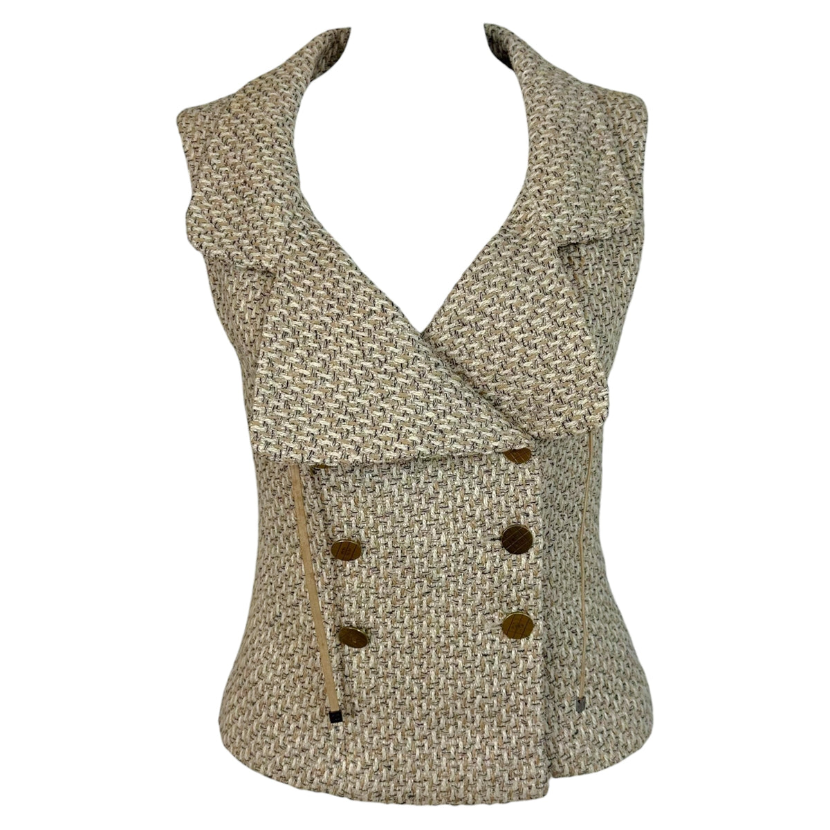 Chanel Tweed Vest Beige Ivory Gold Logo Button