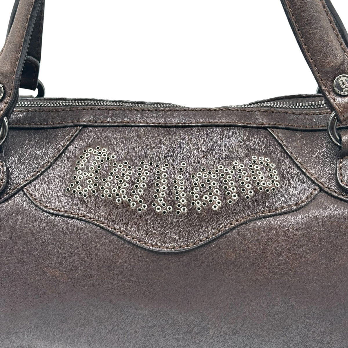 Galliano Brown & Silver Studded Logo Shoulder Bag