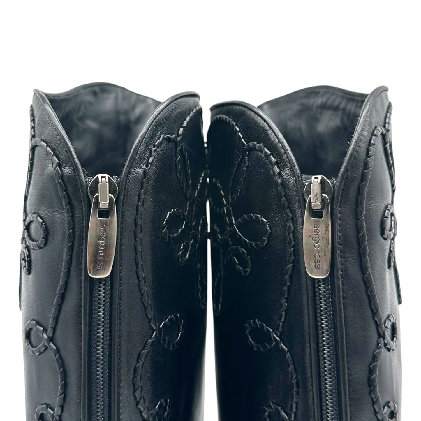 Sergio Rossi Black Braided Leather Embellished Heeled Boots
