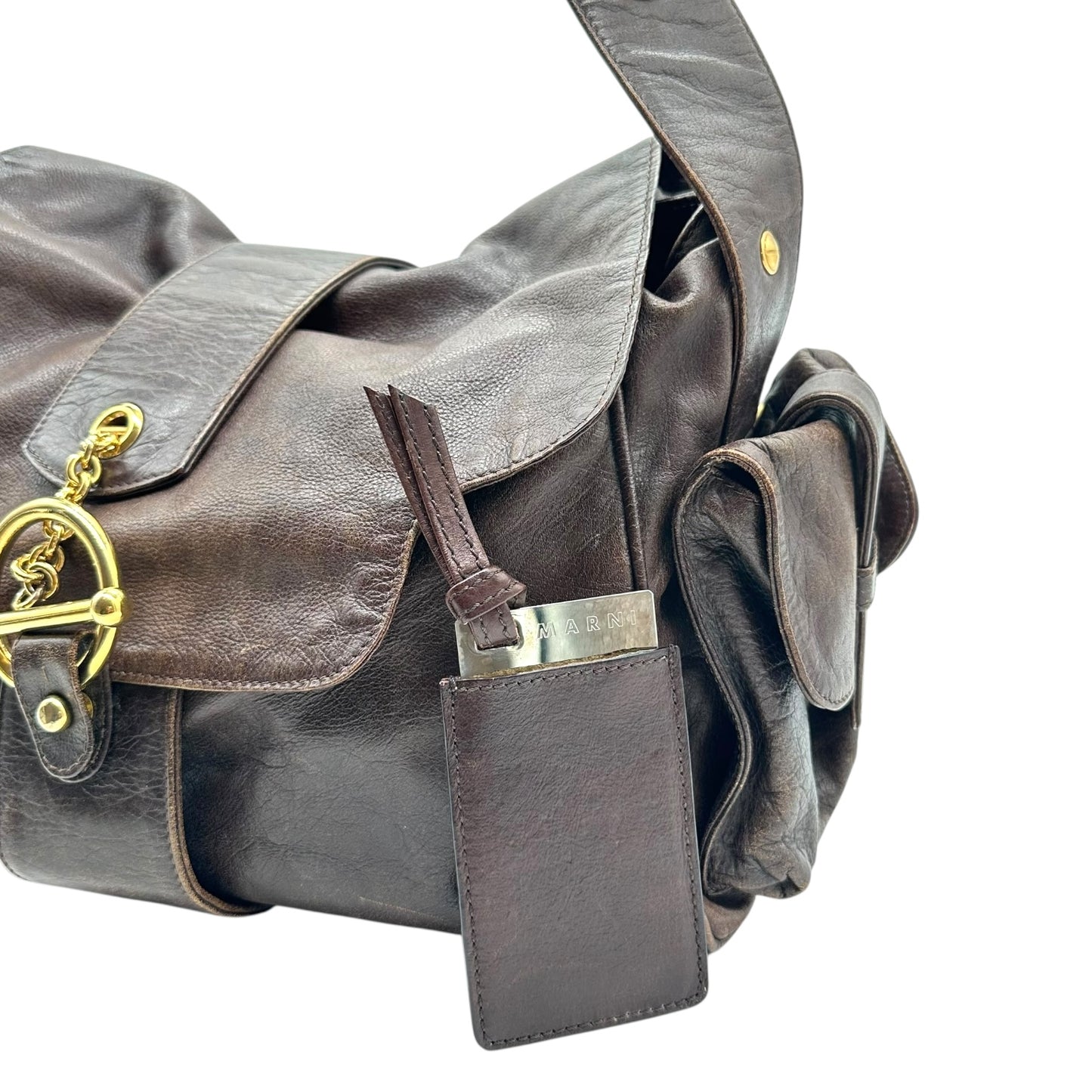 Marni Dark Brown Leather Cargo Style Shoulder Hobo Bag