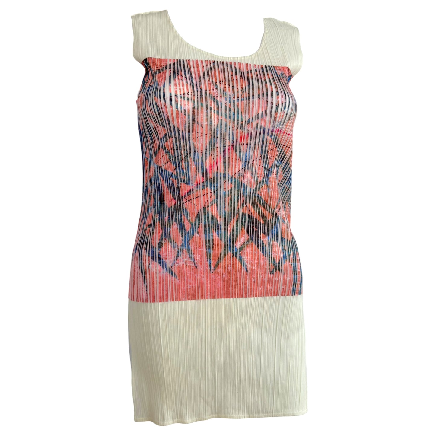 Issey Miyake Pleats Please Ivory Bamboo & Art Print Pleated Tunic Top Sz 3 NEW
