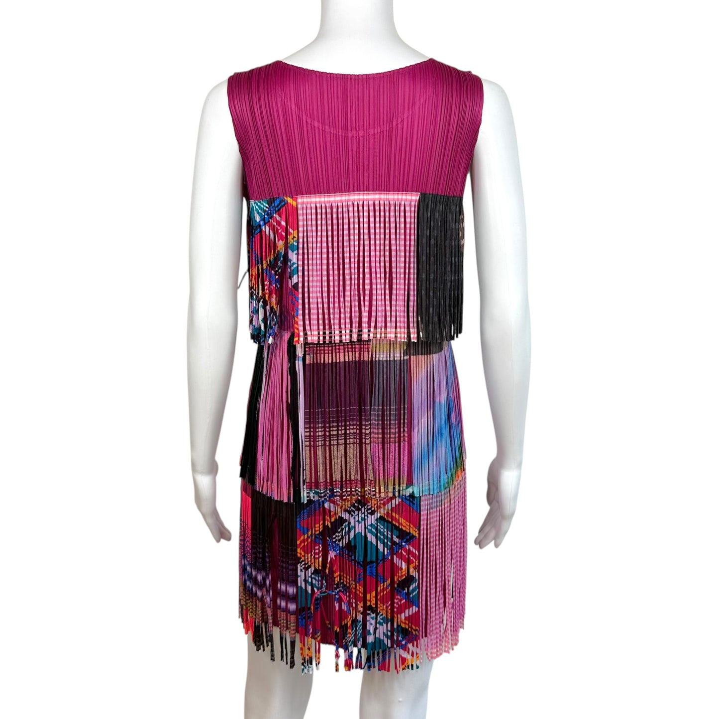 Issey Miyake Pleats Please Pink Multicolor Plaid Print Fringe Mini Dress