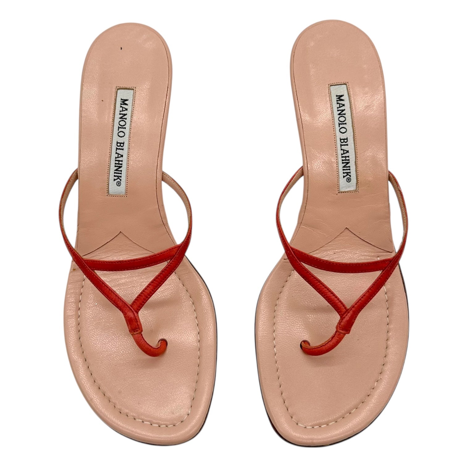 Manolo Blahnik Pink Leather Kitten Heel Flip Flops - Outfit Repeater