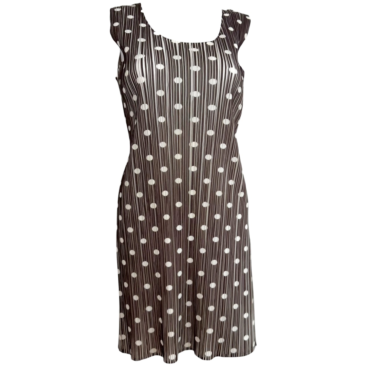 Issey Miyake Pleats Please Brown & White Polka Dot Print Pleated Mini Dress Sz 3