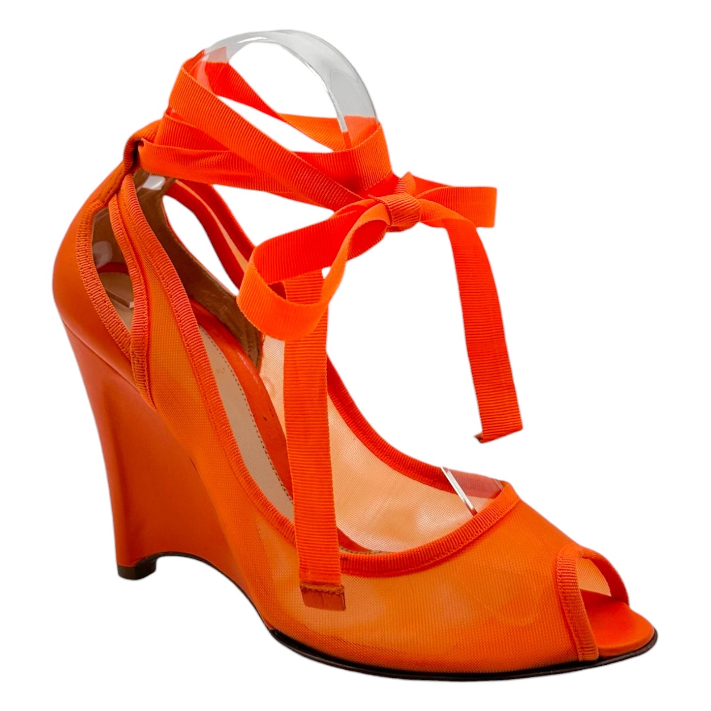 Fendi Orange Mesh Peep-Toe Wedge Wrap Heels