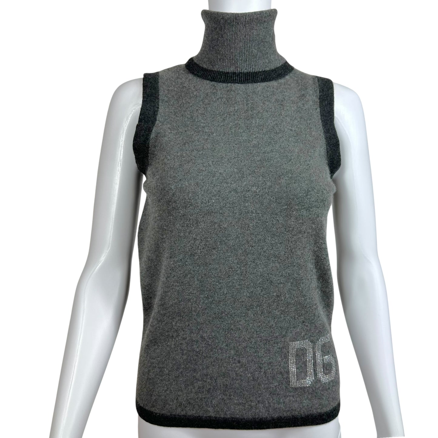 Dolce & Gabbana Gray Cashmere Crystal Logo Sleeveless Turtleneck