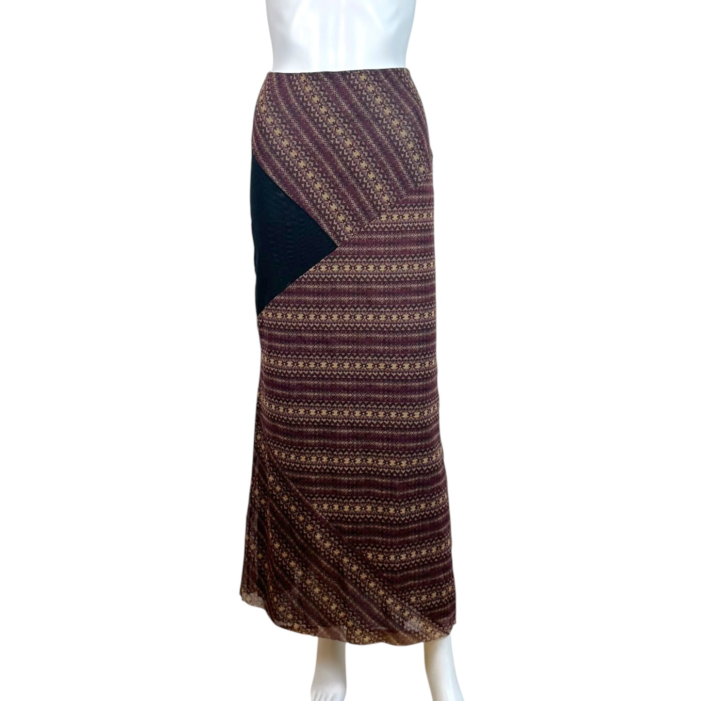 Jean Paul Gaultier Burgundy Tribal Print Mesh Maxi Skirt