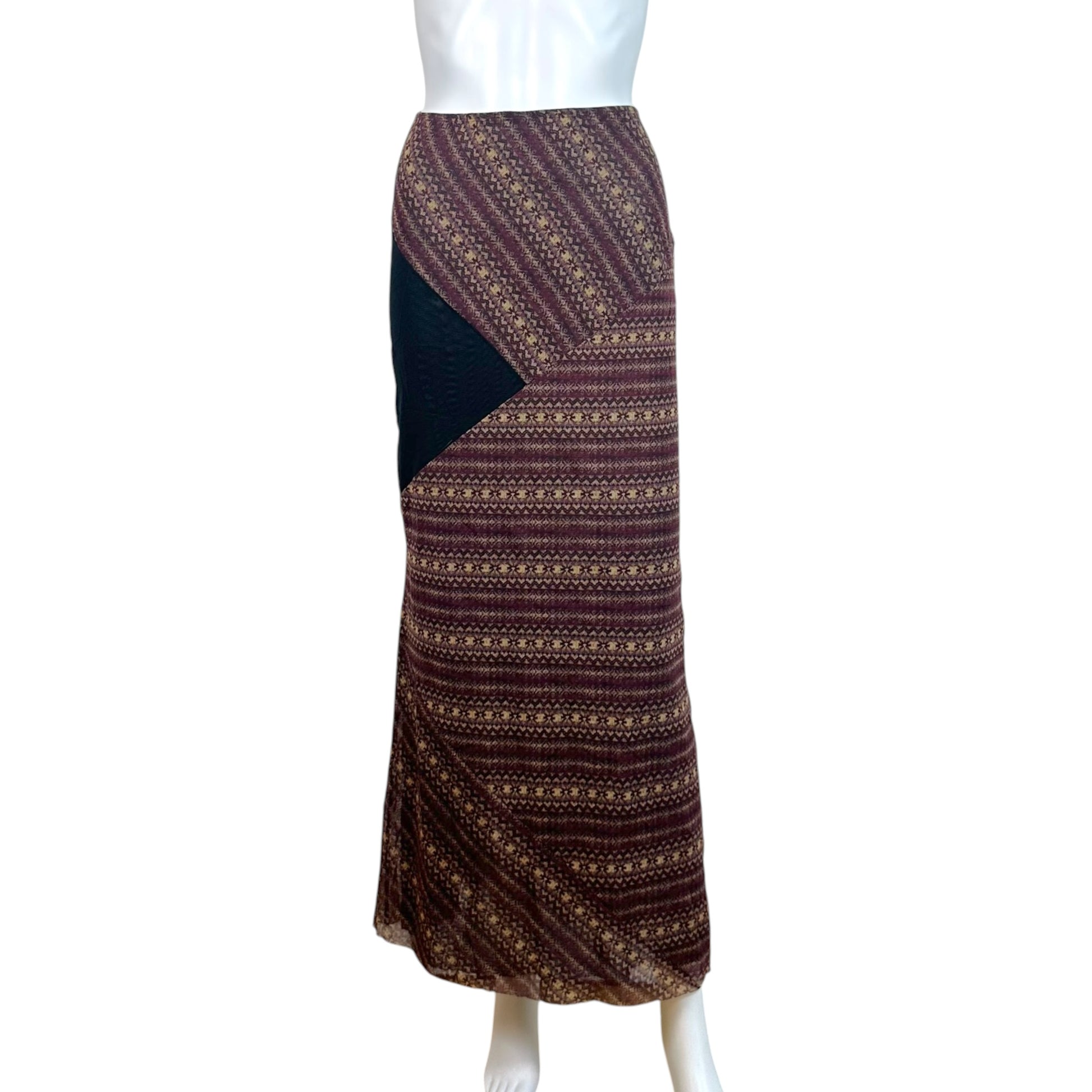 Jean Paul Gaultier Burgundy Tribal Print Mesh Maxi Skirt